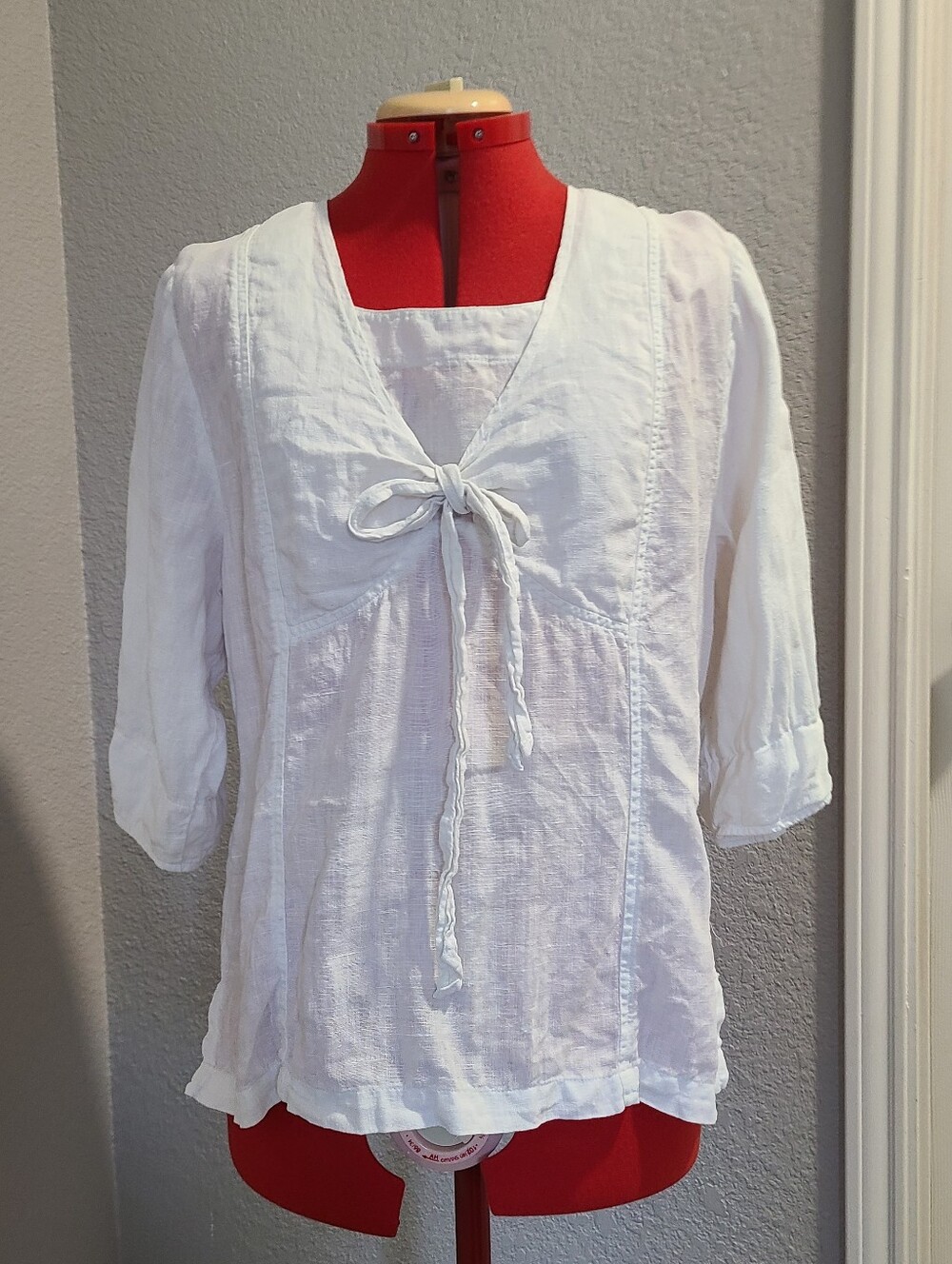 VTG Mosaic White 100% Linen Tie Front Puff Sleeve Blouse USA Made Cottagecore M